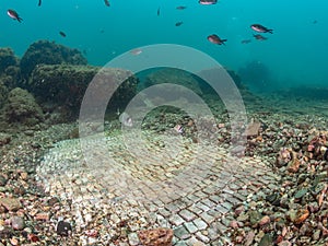 Simple mosaic in Emperor ClaudioÃ¢â¬â¢s Ninfeum. underwater, archeology